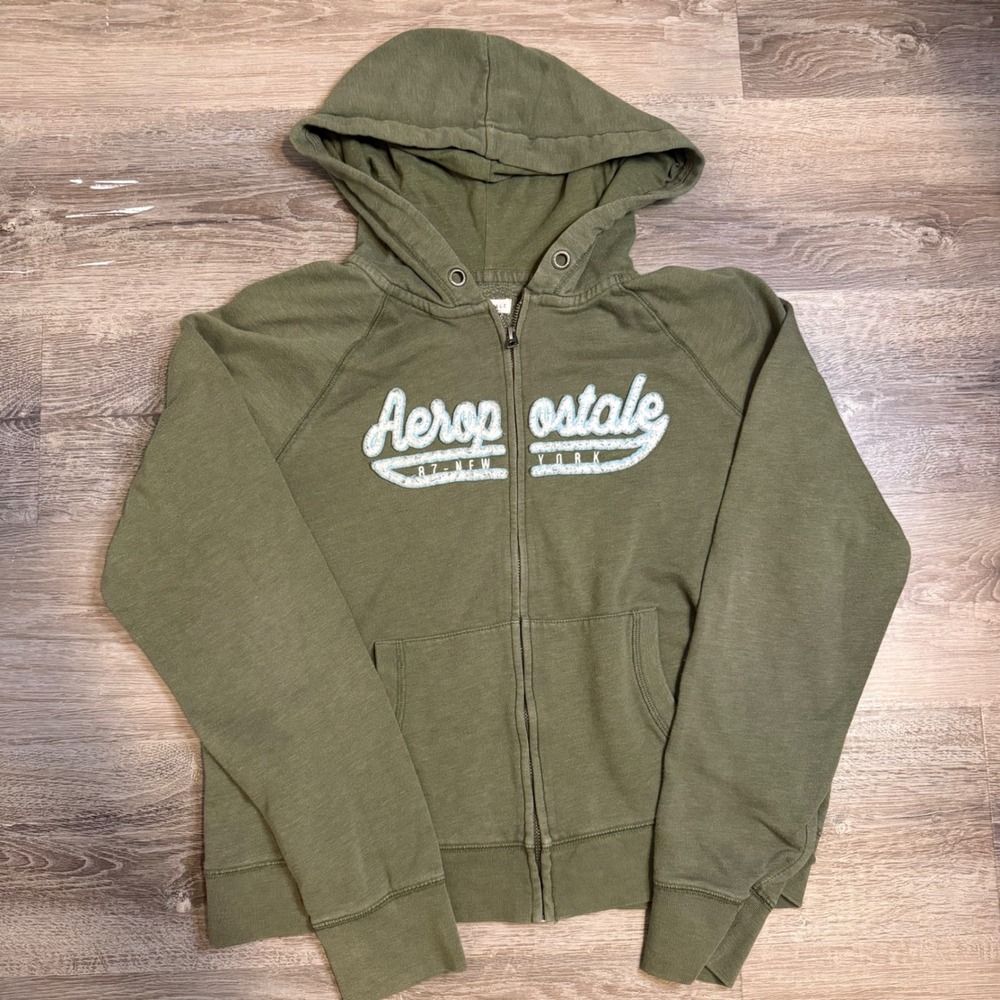 Aeropostale Womens M/L Olive Green Full Zip Graphic Hoodie Sweatshirt Y2K Logo